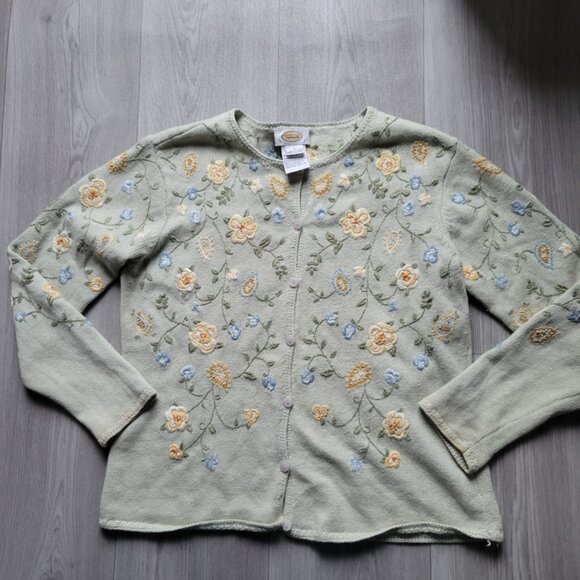 Talbots Floral Embroidered Sweater S Cotton Blend Green Yellow Blue - Picture 2 of 8